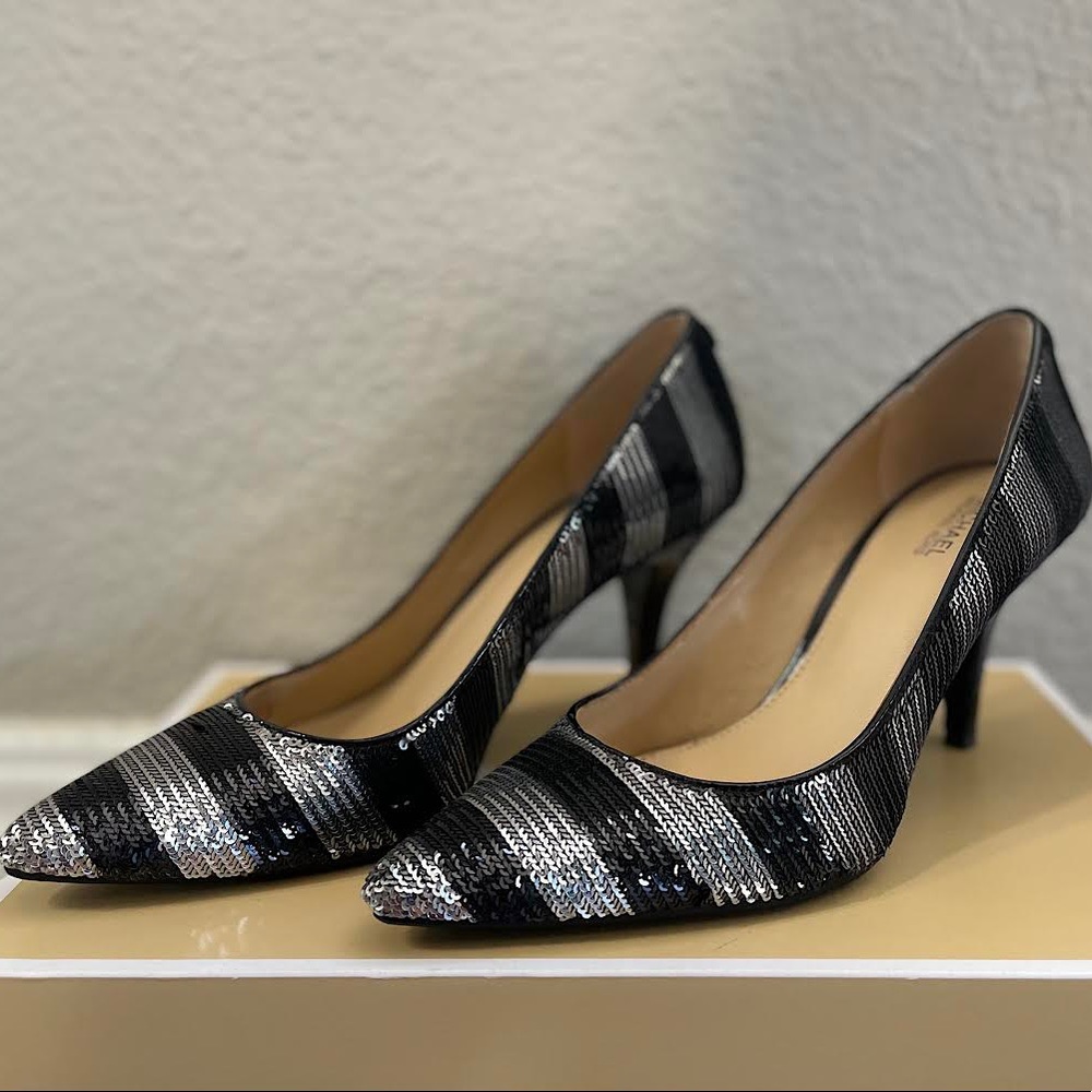 Micheal Kors Black and Silver Striped Sequin Pumps Heels